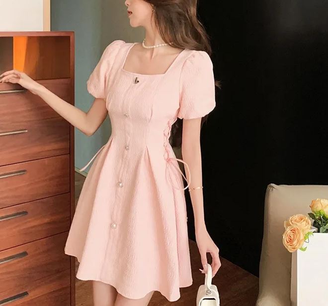 法式方领单排扣收腰连衣裙*Pink M
