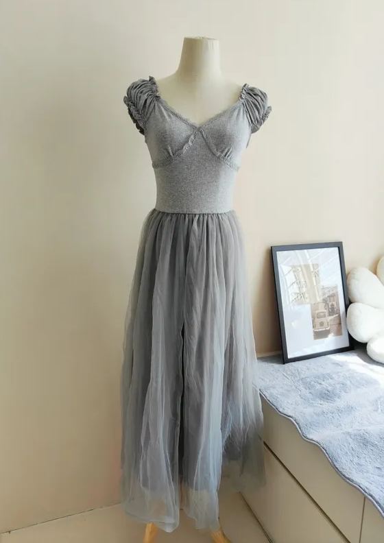 V-Neck Tulle and Mesh Dress法式气质V领拼接纱裙*2Colors