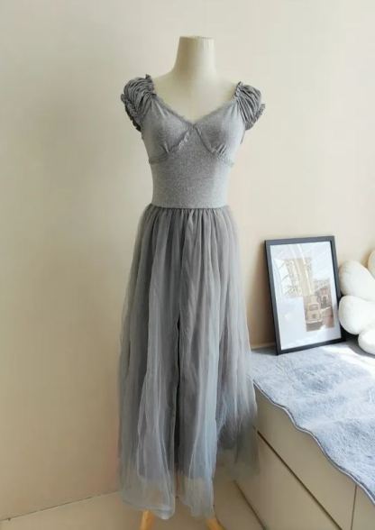 V-Neck Tulle and Mesh Dress法式气质V领拼接纱裙*2Colors