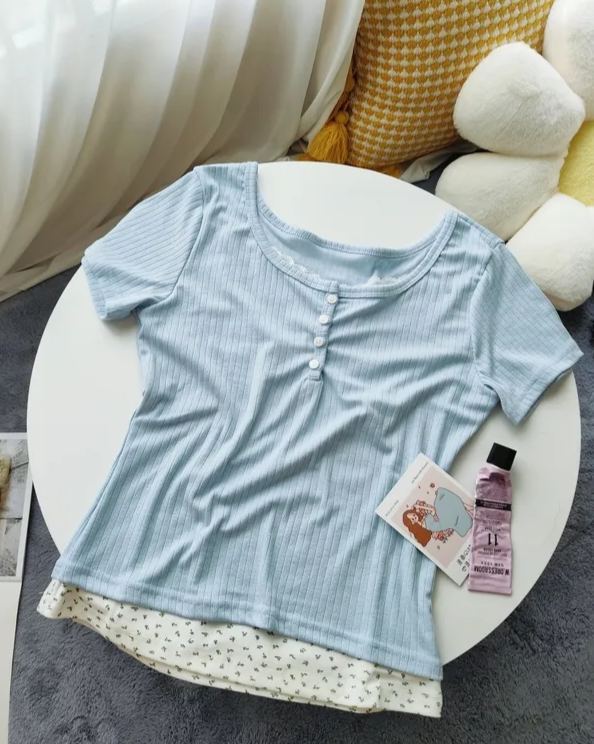 Faux Lace Floral Knit Top 假两件蕾丝碎花上衣*3色 