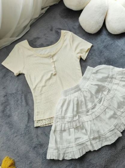 Faux Lace Floral Knit Top 假两件蕾丝碎花上衣*3色 