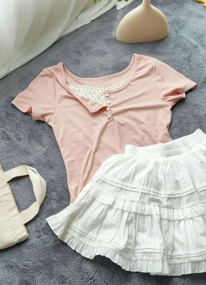 Faux Lace Floral Knit Top 假两件蕾丝碎花上衣*3色 