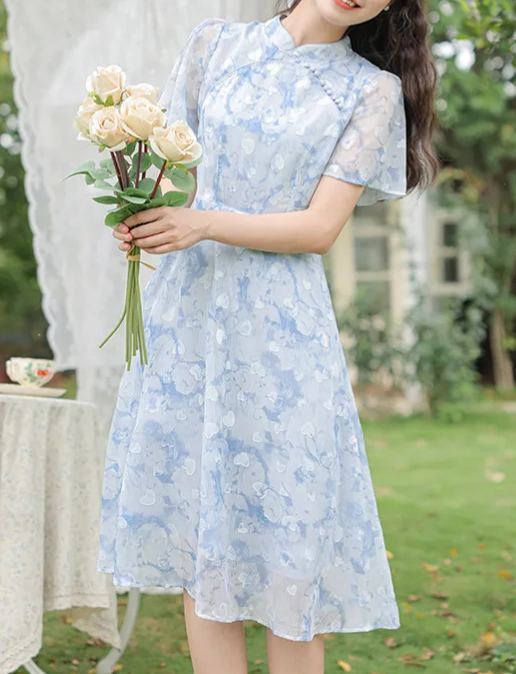 Cheongsam Improved Dress Women's Summer 2023 Summer New Blue Color Chiffon Floral High-End Figure Flattering Skirt