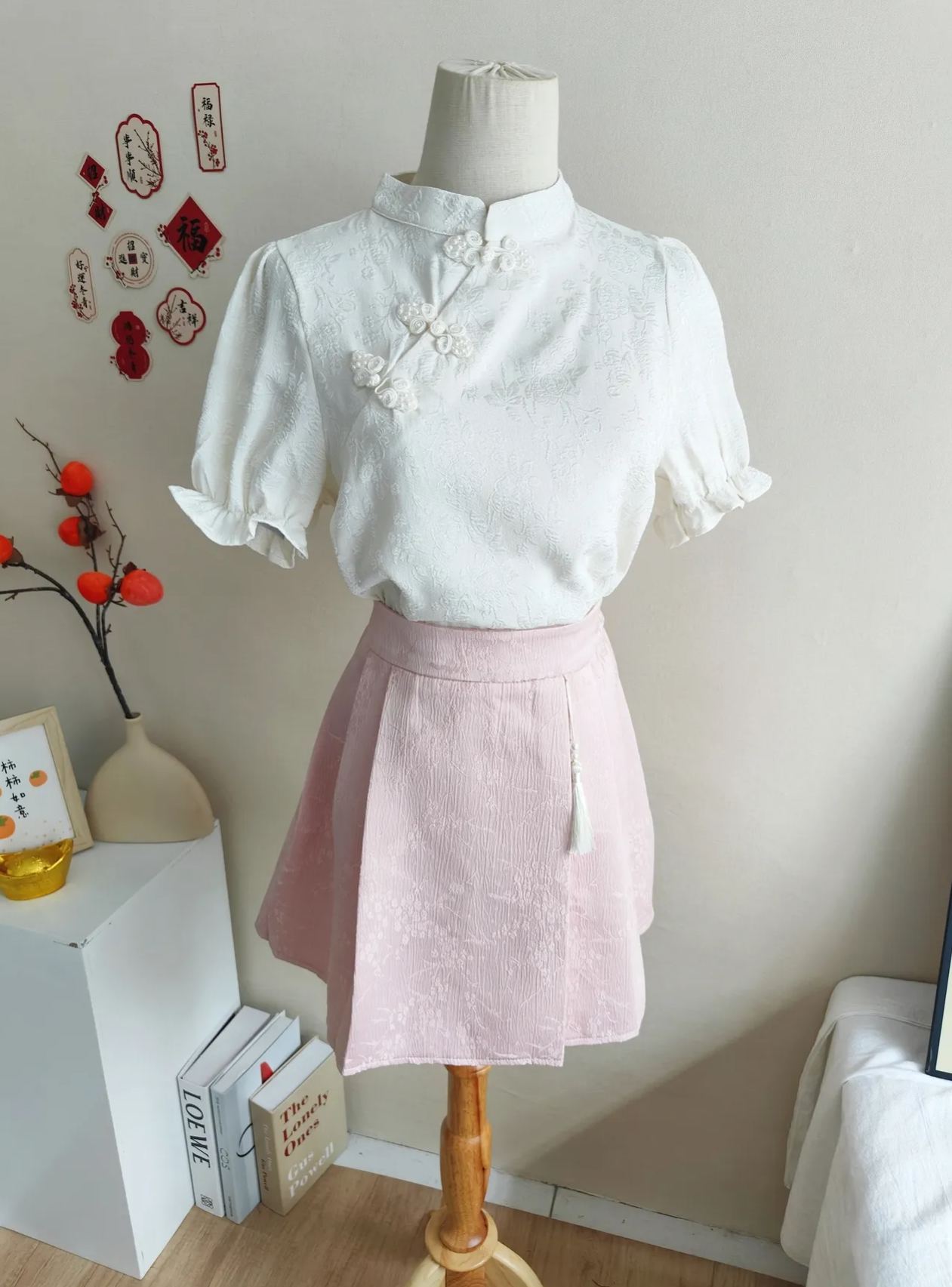 Jacquard Mandarin Collar Blouse 提花盘扣衬衫*2Colors