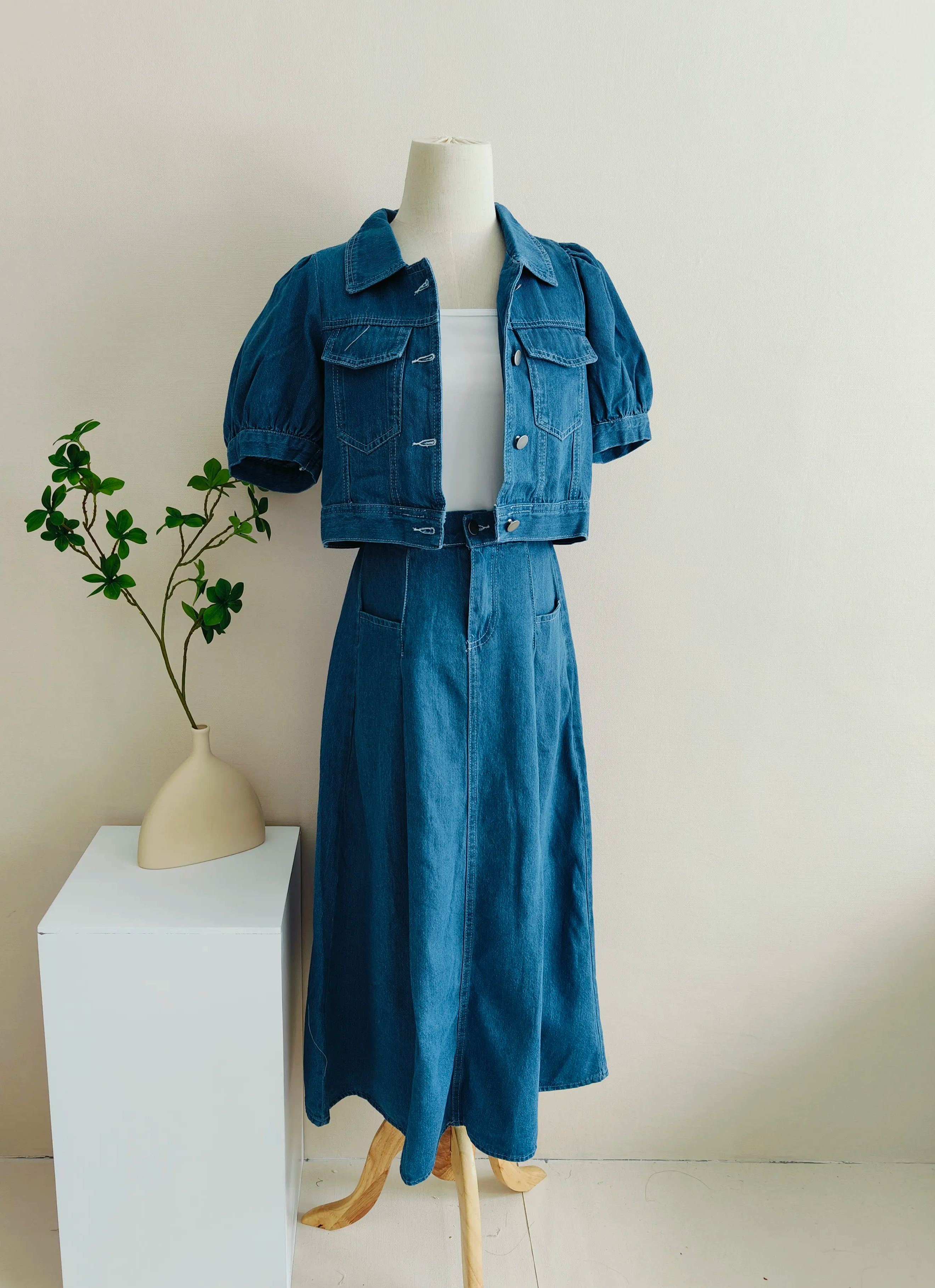 复古过膝牛仔套装 M size