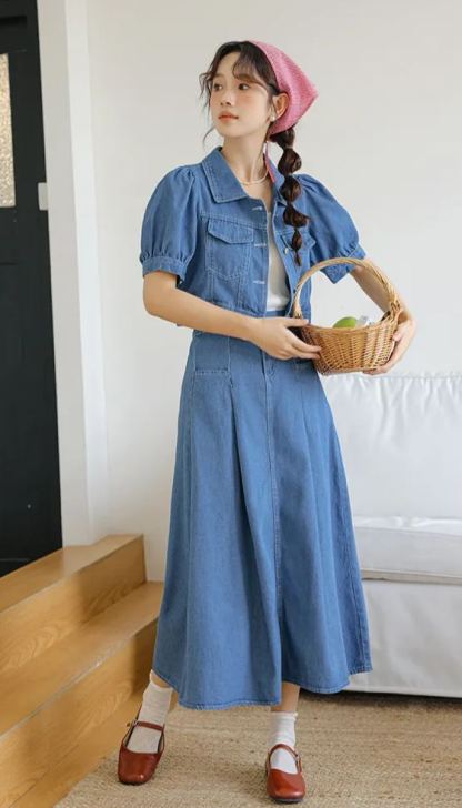 复古过膝牛仔套装 M size