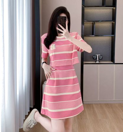 Faux Two-Piece Striped Tee Dress 假两件条纹T恤连衣裙*2Colors