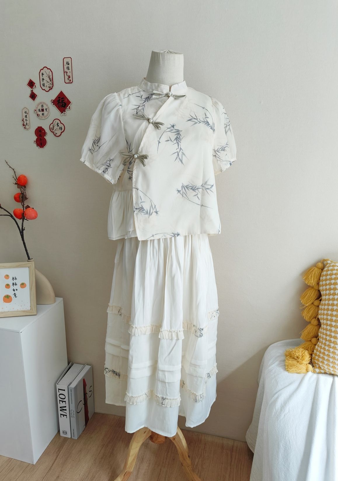 Classic Chinese Two-Piece Set 竹影中式短袖上衣+半身裙两件套