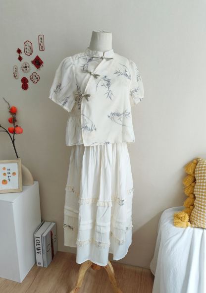 Classic Chinese Two-Piece Set 竹影中式短袖上衣+半身裙两件套