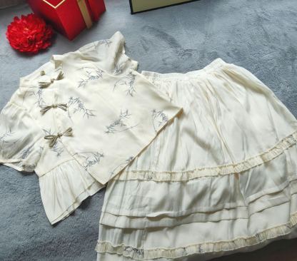 Classic Chinese Two-Piece Set 竹影中式短袖上衣+半身裙两件套