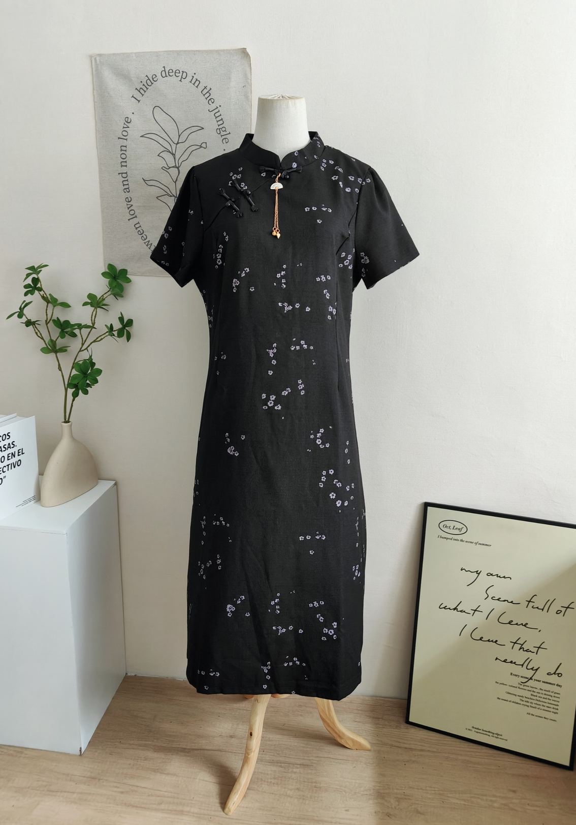 Qingzhu Huaying Modern Chinese A-Line Dress【清竹花影】新中式A字连身裙*长款*Black XL