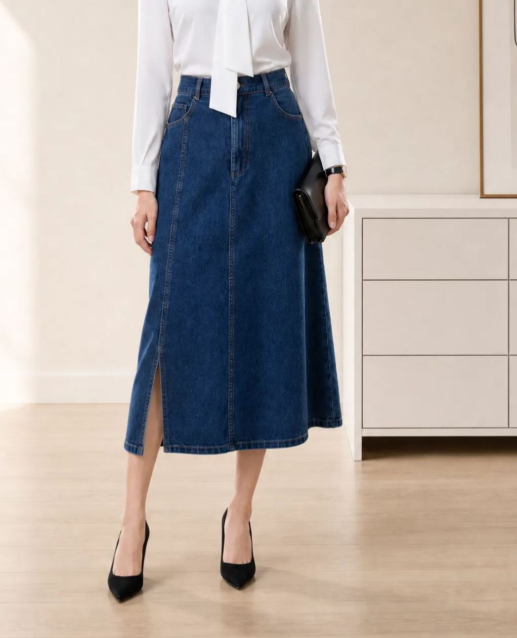 LINEA Washed Denim A-Line Slit Skirt 水洗牛仔开叉A字半身裙*2 Colors