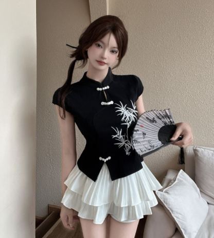 [套装] 刺绣中式上衣+百褶裙两件套 Chinese Knot Top & Pleated Skirt Set