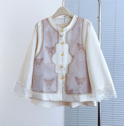 Real photos of the new 2026 Chinese-style Hanfu, featuring intricate jacquard embroidery, a round neckline, decorative buttons, and a modified patchwork design for the vest