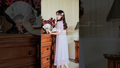 烟紫色古风印花假两件雪纺连衣裙  Lavender Floral Chiffon Layered Dress