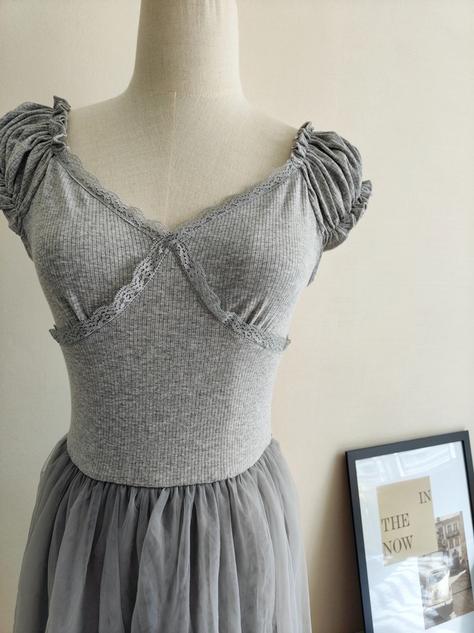 V-Neck Tulle and Mesh Dress法式气质V领拼接纱裙*2Colors