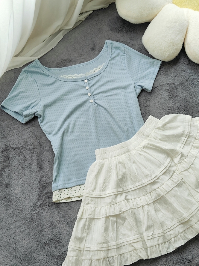 Faux Lace Floral Knit Top 假两件蕾丝碎花上衣*3色 