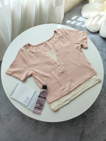 Faux Layered V-Neck Top 假两件V领上衣*4 Colors