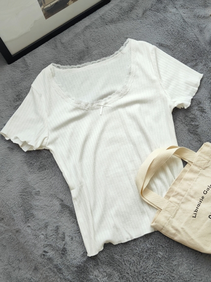 Lace Trim Bow Top 纯欲蕾丝边蝴蝶结上衣*3 Colors