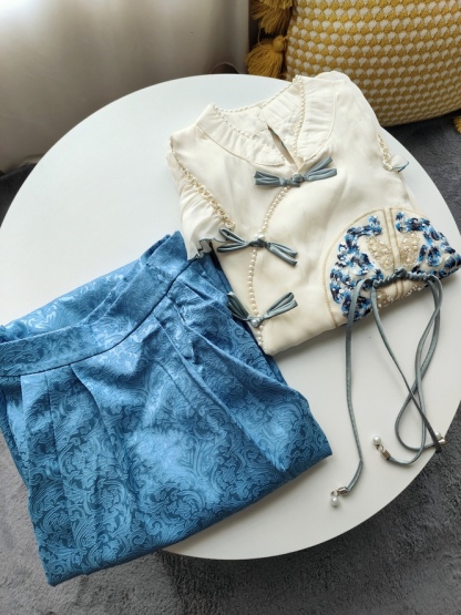 Embroidered Ruffle Hem Top & Skirt Set 刺绣荷叶边上衣+半身裙两件套