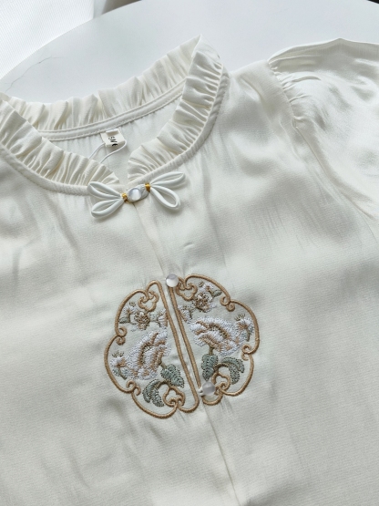 Ruffle Collar Embroidered Tencel Blouse 木耳边立领刺绣天丝衬衫*2Colors