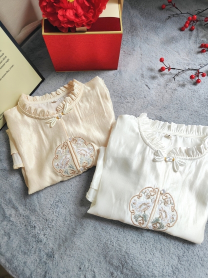 Ruffle Collar Embroidered Tencel Blouse 木耳边立领刺绣天丝衬衫*2Colors
