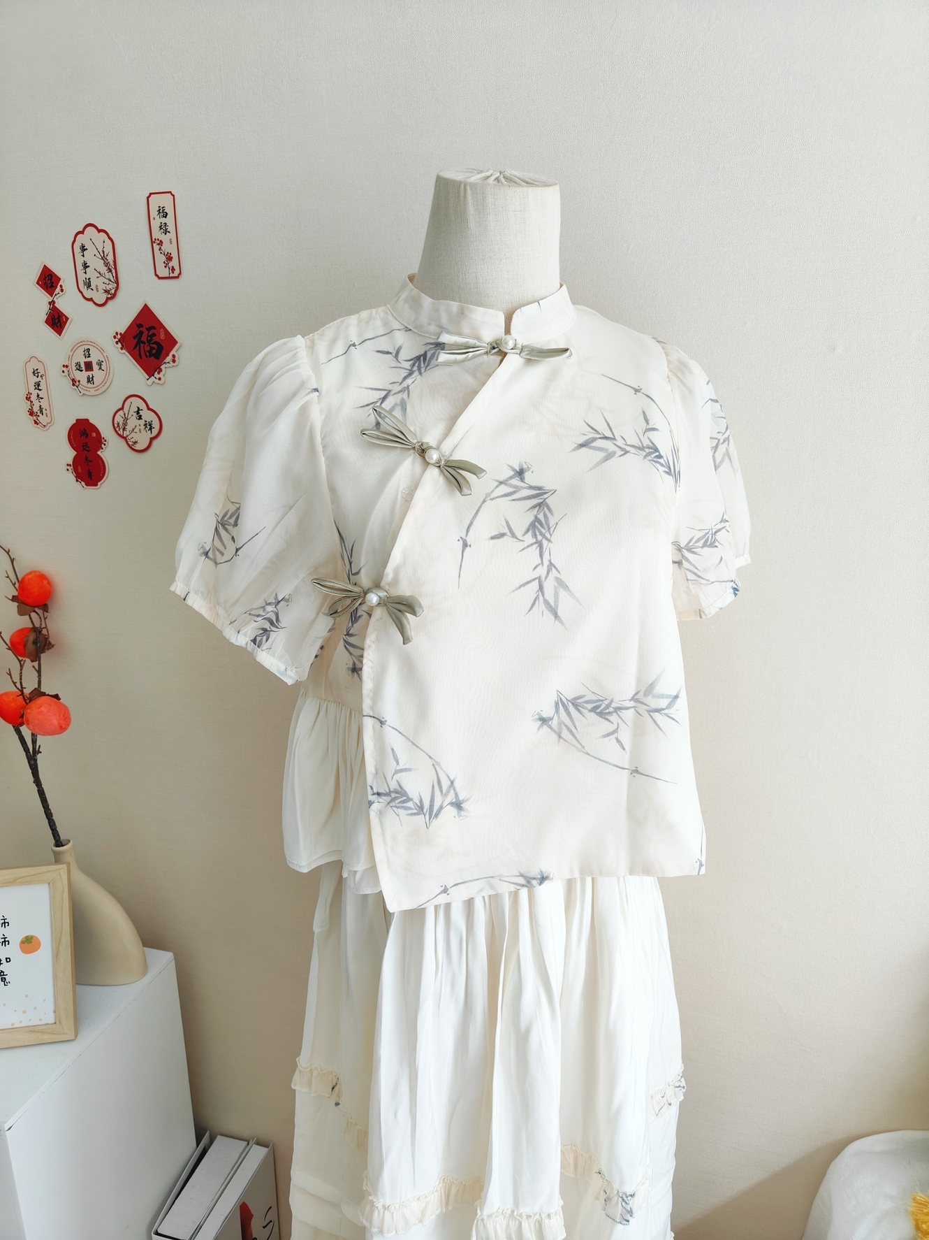 Classic Chinese Two-Piece Set 竹影中式短袖上衣+半身裙两件套