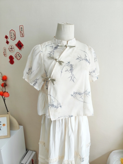 Classic Chinese Two-Piece Set 竹影中式短袖上衣+半身裙两件套