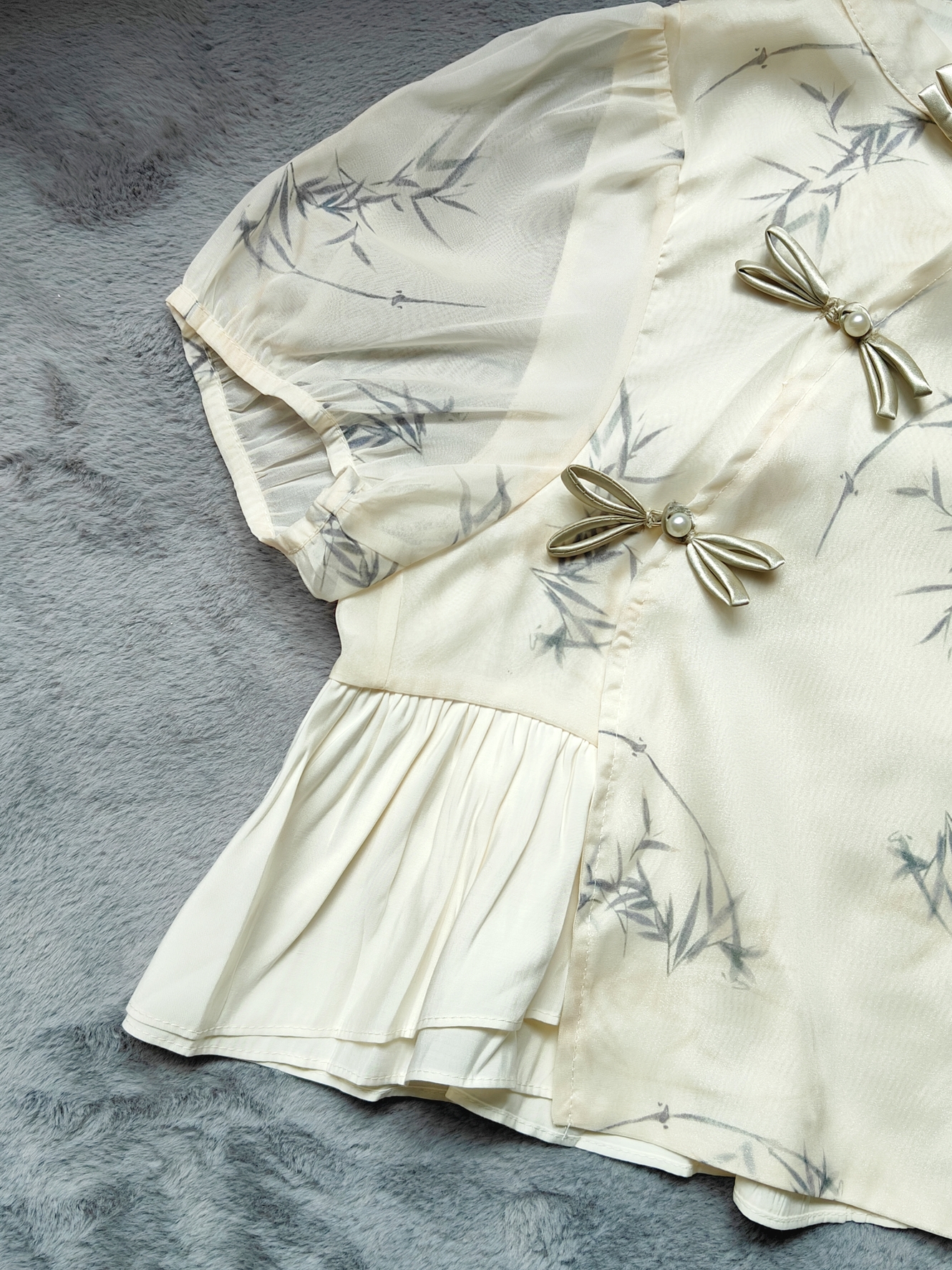 Classic Chinese Two-Piece Set 竹影中式短袖上衣+半身裙两件套