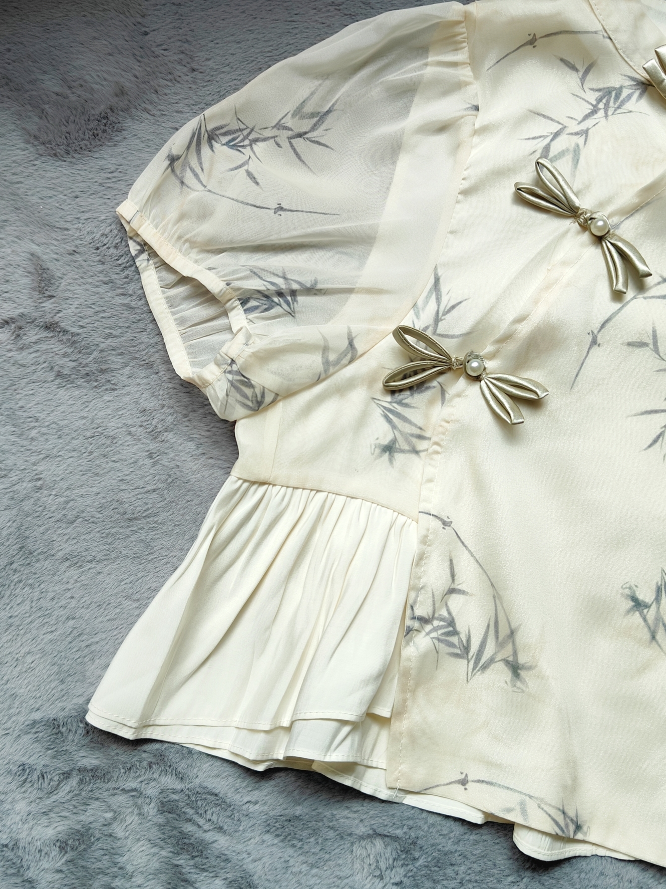 Classic Chinese Two-Piece Set 竹影中式短袖上衣+半身裙两件套