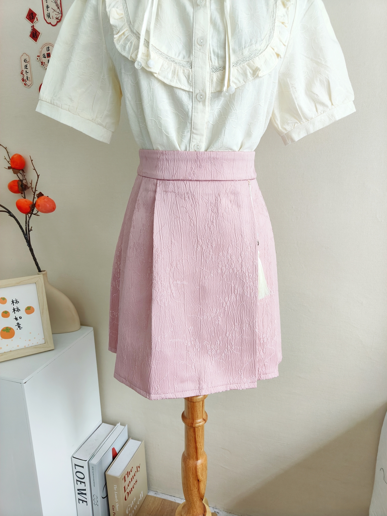 Floral Jacquard Tassel Pleated Short Skirt 提花流苏百褶裙短裙*pink S