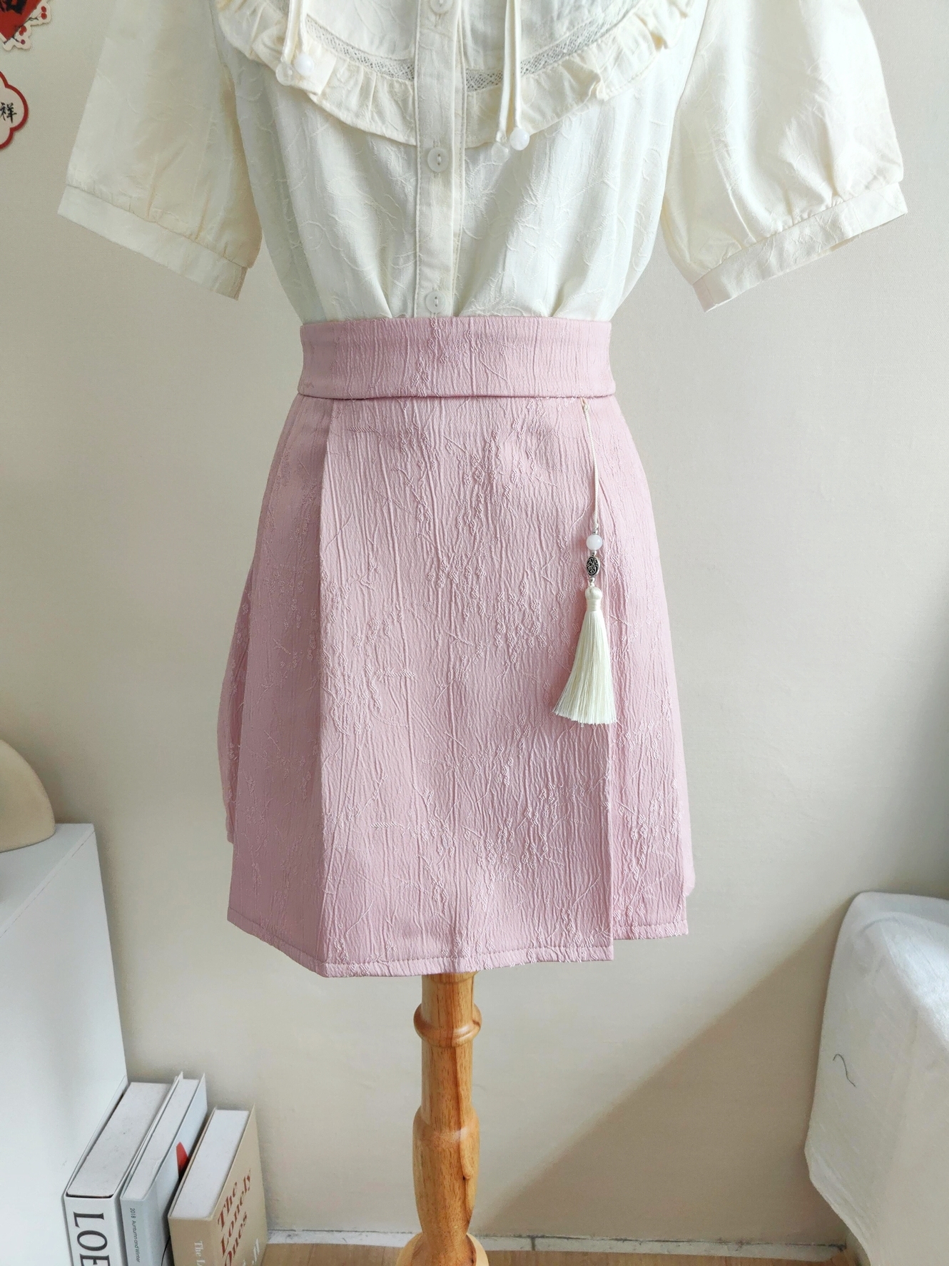 Floral Jacquard Tassel Pleated Short Skirt 提花流苏百褶裙短裙*pink S