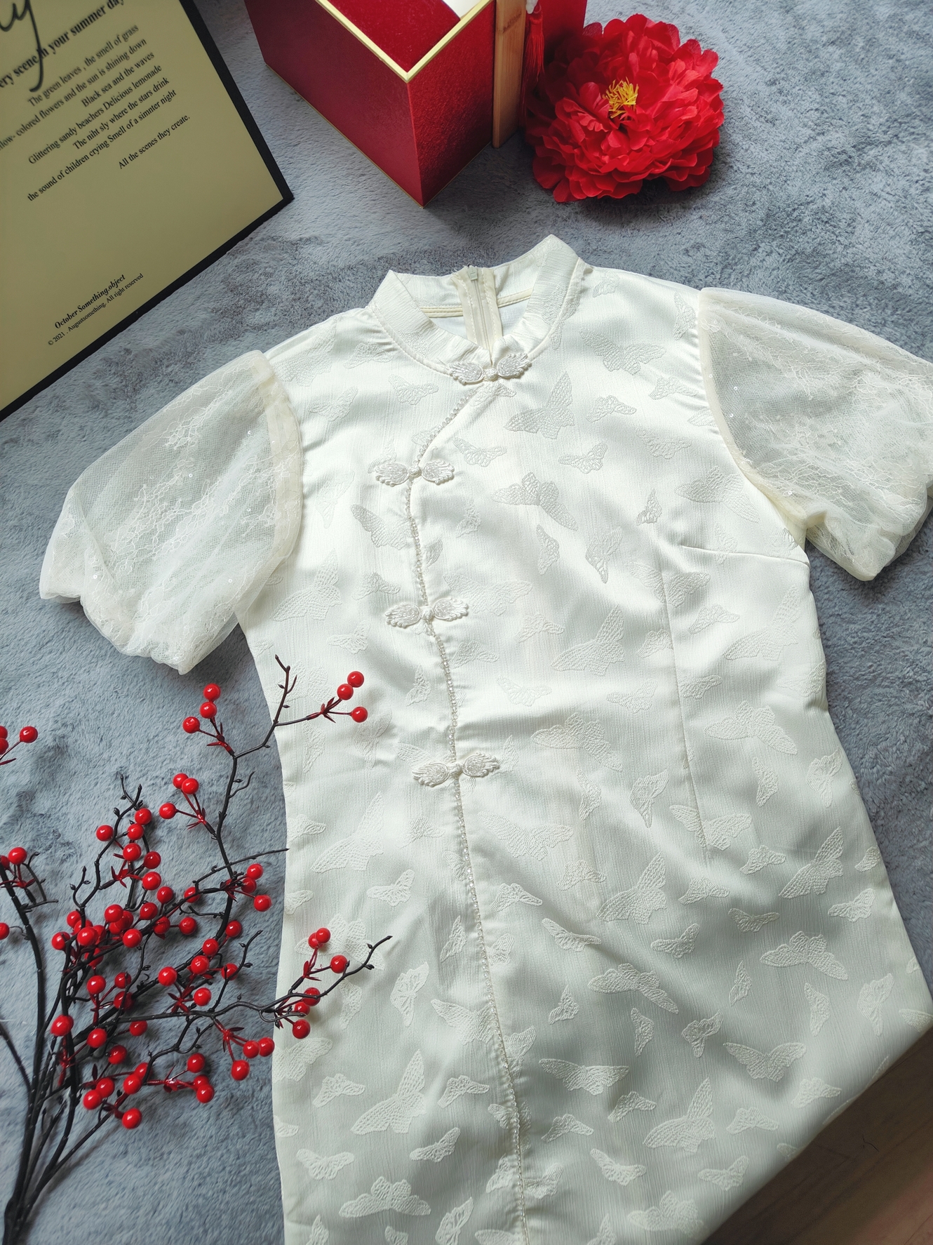 Floral Jacquard Puff Sleeve Dress 提花泡泡袖旗袍连衣裙*2 Colors