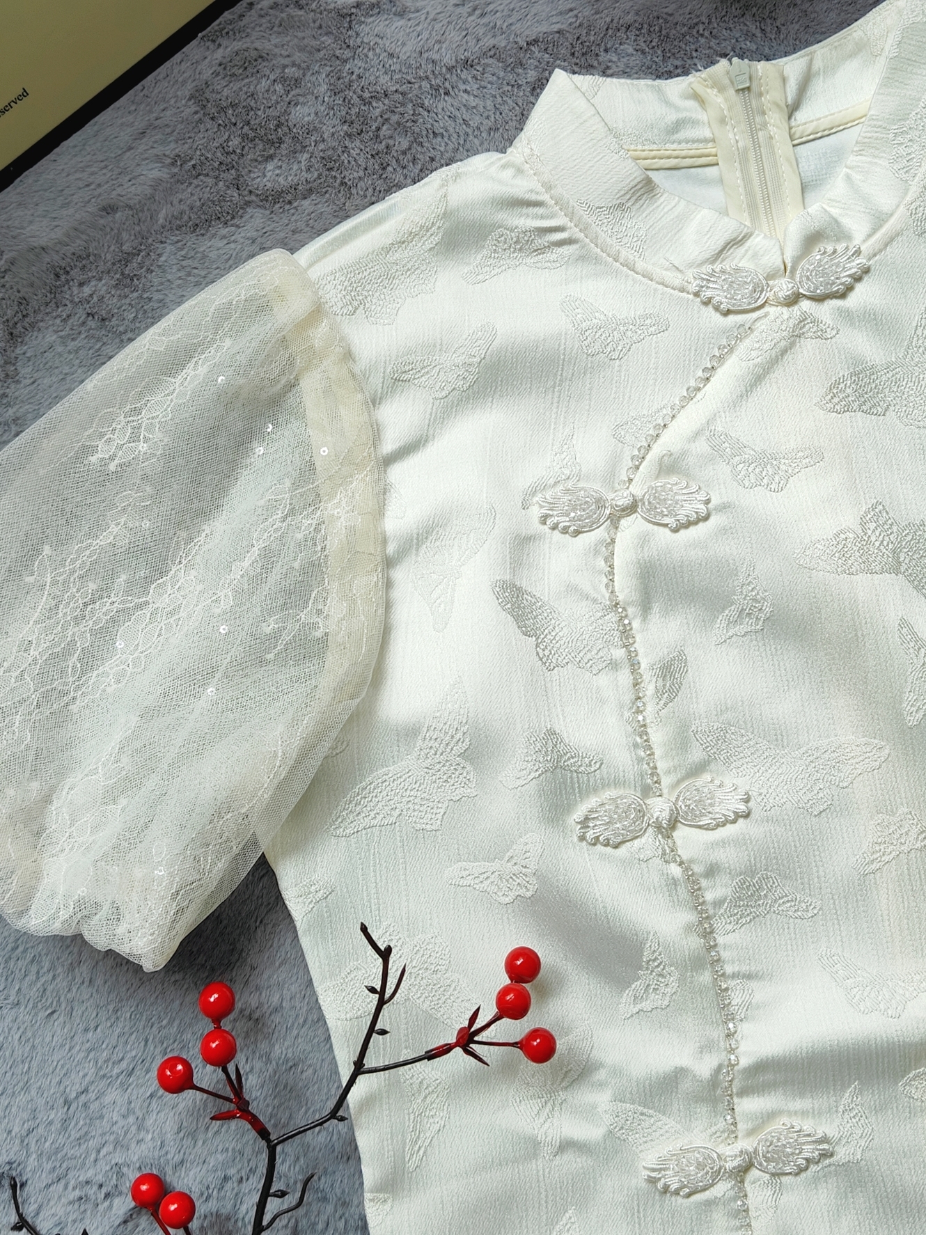 Floral Jacquard Puff Sleeve Dress 提花泡泡袖旗袍连衣裙*2 Colors