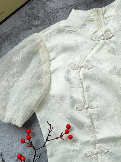 Floral Jacquard Puff Sleeve Dress 提花泡泡袖旗袍连衣裙*2 Colors