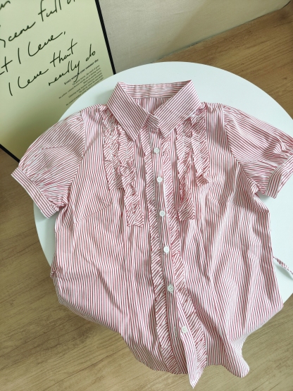 Sweet Ruffle Hem Blouse 木耳边短袖衬衫*red only
