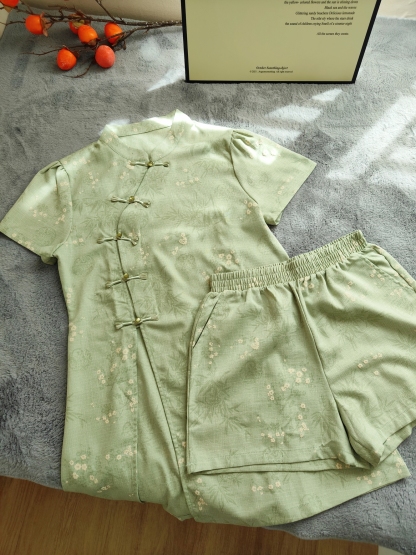 Qingzhu Huaying Long Shirt & Pants Two-Piece Set 【清竹花影】新中式长版上衣+裤子套装*3 Colors