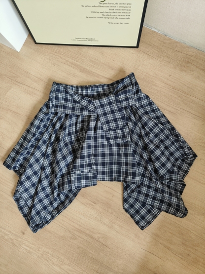 Plaid Ribbon-Tie Asymmetrical Skirt 不规则绑带格纹短裙*4 Colors