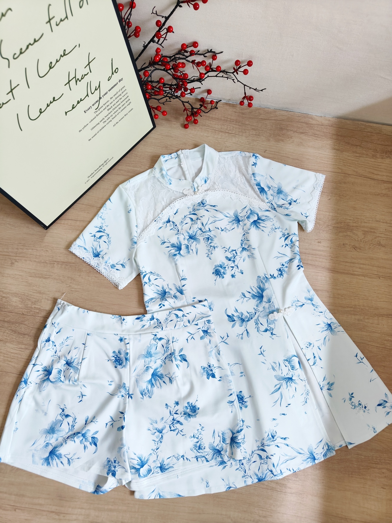 Blue Blossom Lace Dual Set 蓝色印花蕾丝中式2件套