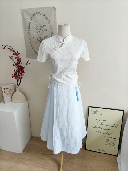 Frog-Button Stand Collar Drawstring T-Shirt 盘扣立领抽绳T恤*2 Colors