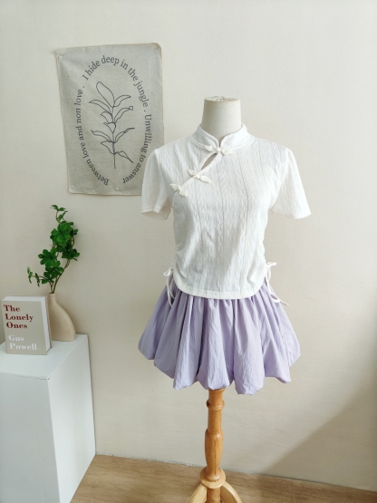 Frog-Button Stand Collar Drawstring T-Shirt 盘扣立领抽绳T恤*2 Colors
