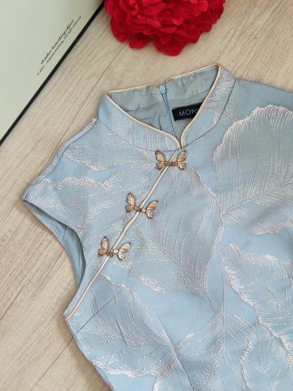 蓝色浮雕提花叶子连衣裙 Luxury Blue Leaf Jacquard Dress