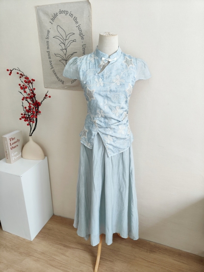 Starry Blue Faux Two-Piece Dress 蓝色星星假两件连衣裙 