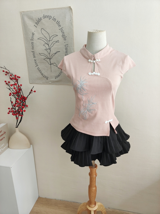 [套装] 刺绣中式上衣+百褶裙两件套 Chinese Knot Top & Pleated Skirt Set