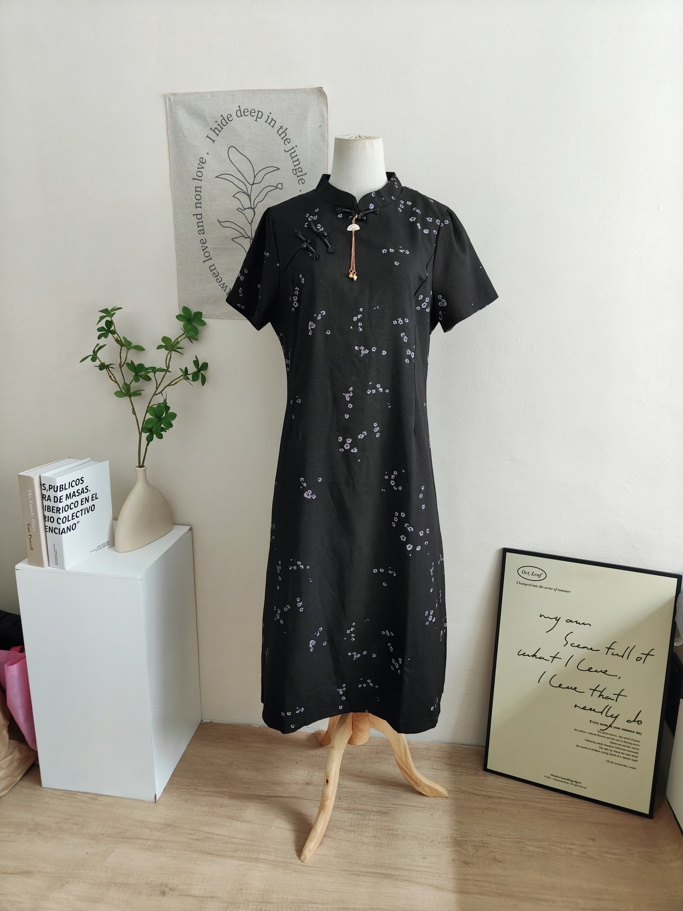 Qingzhu Huaying Modern Chinese A-Line Dress【清竹花影】新中式A字连身裙*长款*Black XL