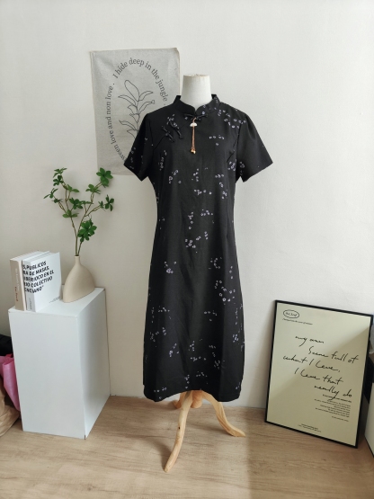 Qingzhu Huaying Modern Chinese A-Line Dress【清竹花影】新中式A字连身裙*长款*Black XL