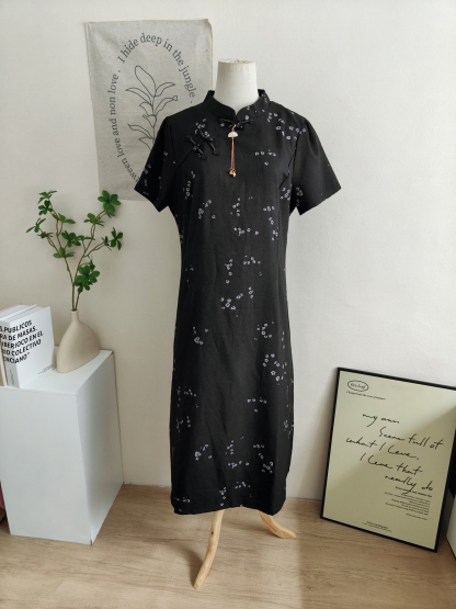 Qingzhu Huaying Modern Chinese A-Line Dress【清竹花影】新中式A字连身裙*长款*Black XL