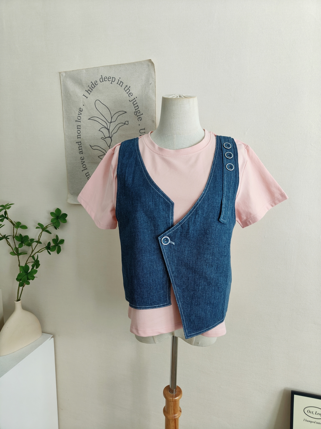 Denim Vest Faux Two-Piece Top 牛仔马甲假两件上衣*Pink
