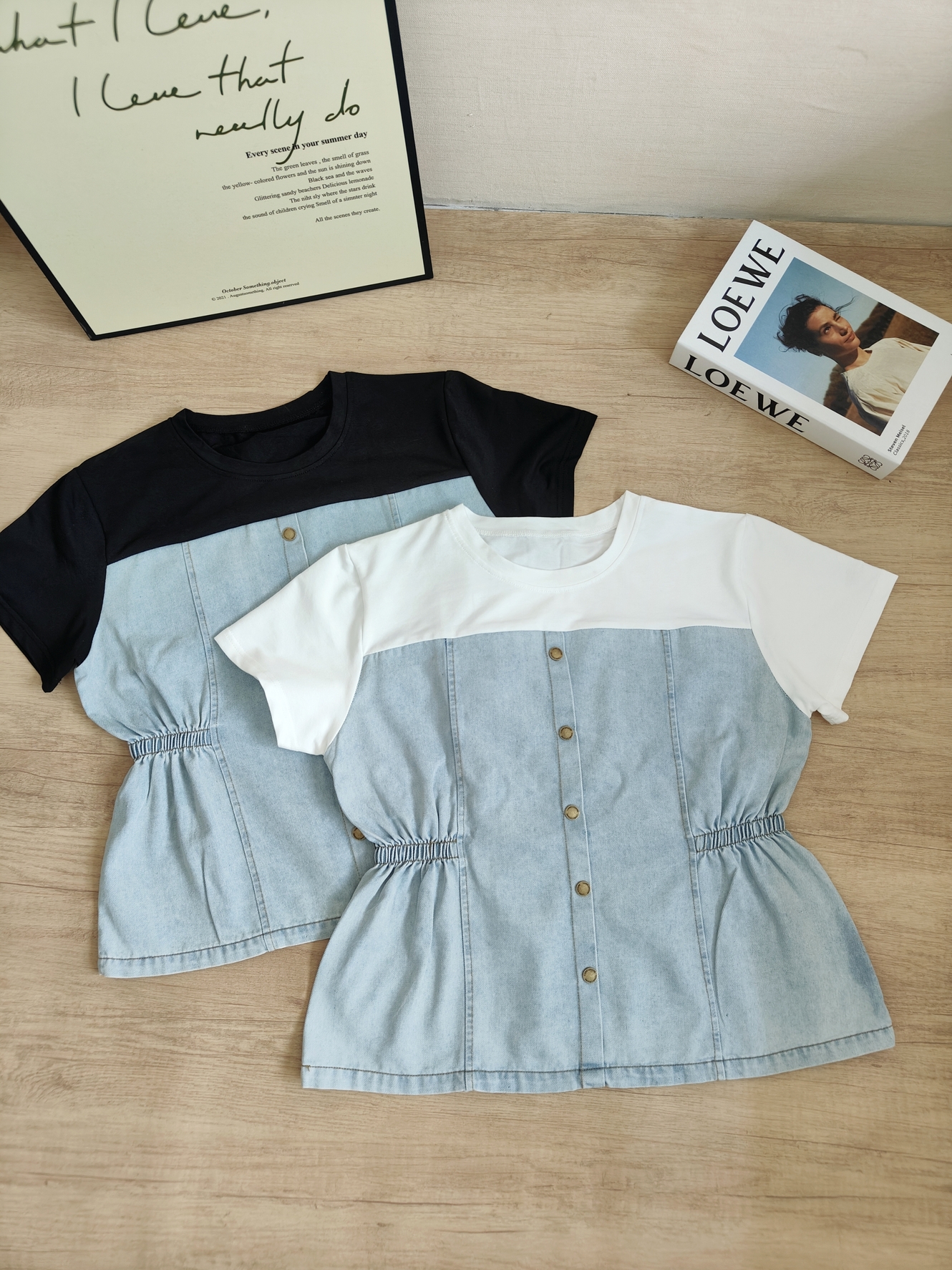 Faux Two-Piece Denim Patchwork Top 假两件牛仔拼接显瘦上衣*4 Colors