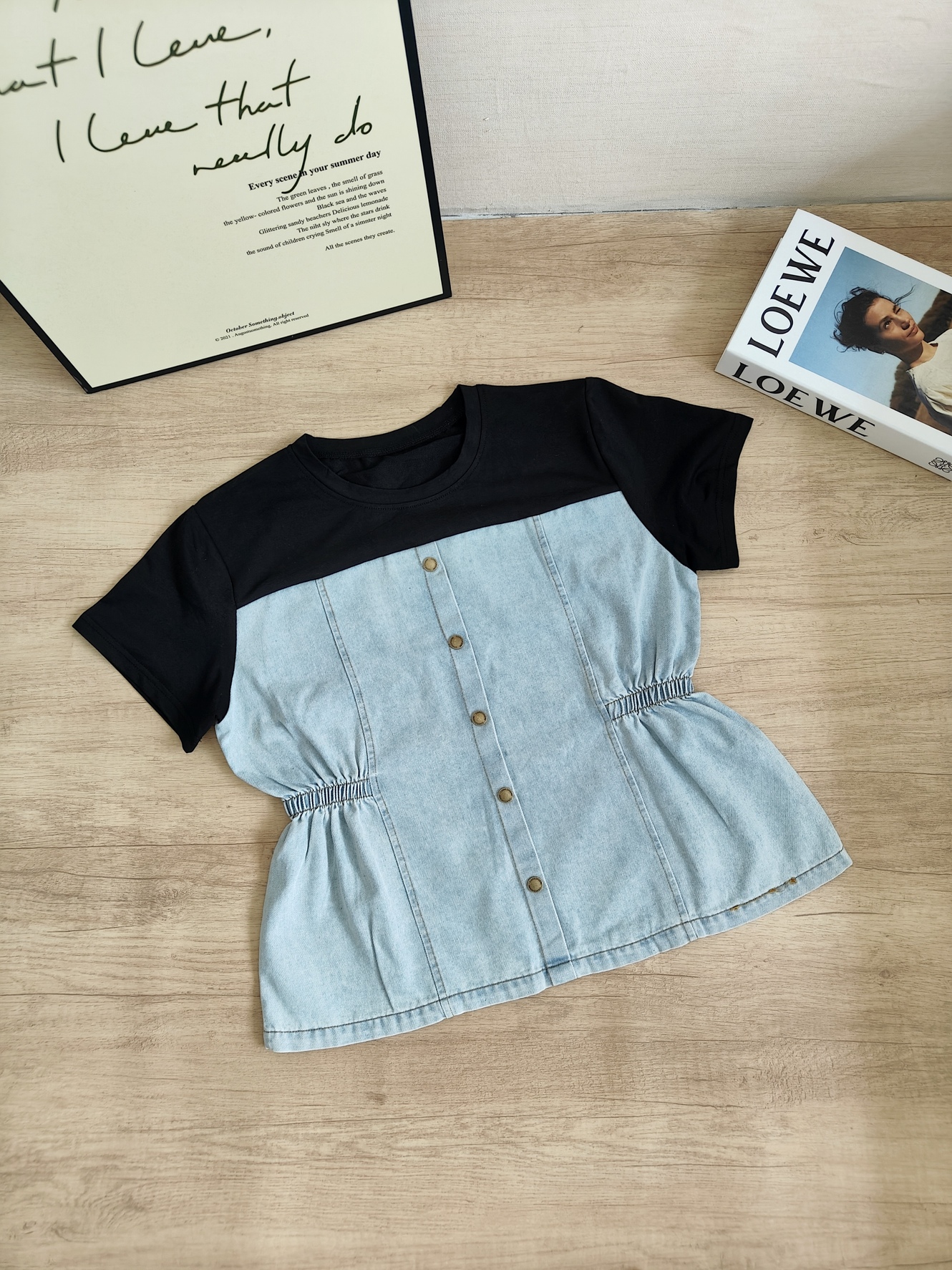 Faux Two-Piece Denim Patchwork Top 假两件牛仔拼接显瘦上衣*4 Colors